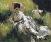 Pierre Renoir Woman with a Parasol and Small Child on a Sunlit Hillside oil painting